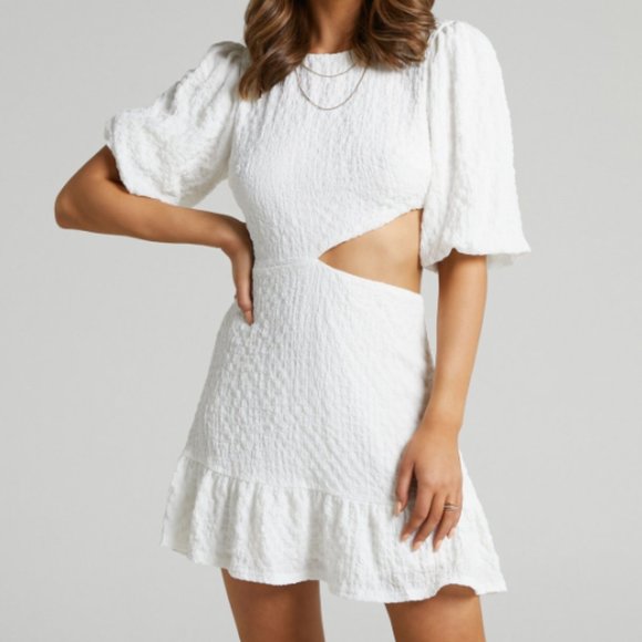 White, Mini Puff Sleeve Dress - Picture 1 of 6